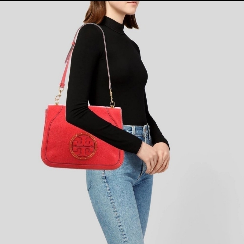 Tory Burch Logo Poppy Red Grained Leather Shoulder Bag